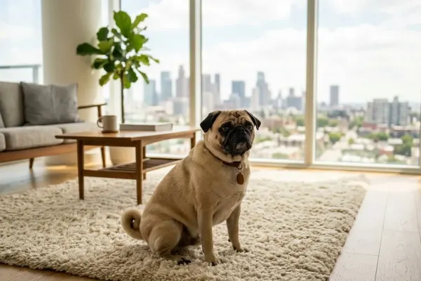 A fawn Pug sitting happily in a bright, cozy apartment living room near a window.