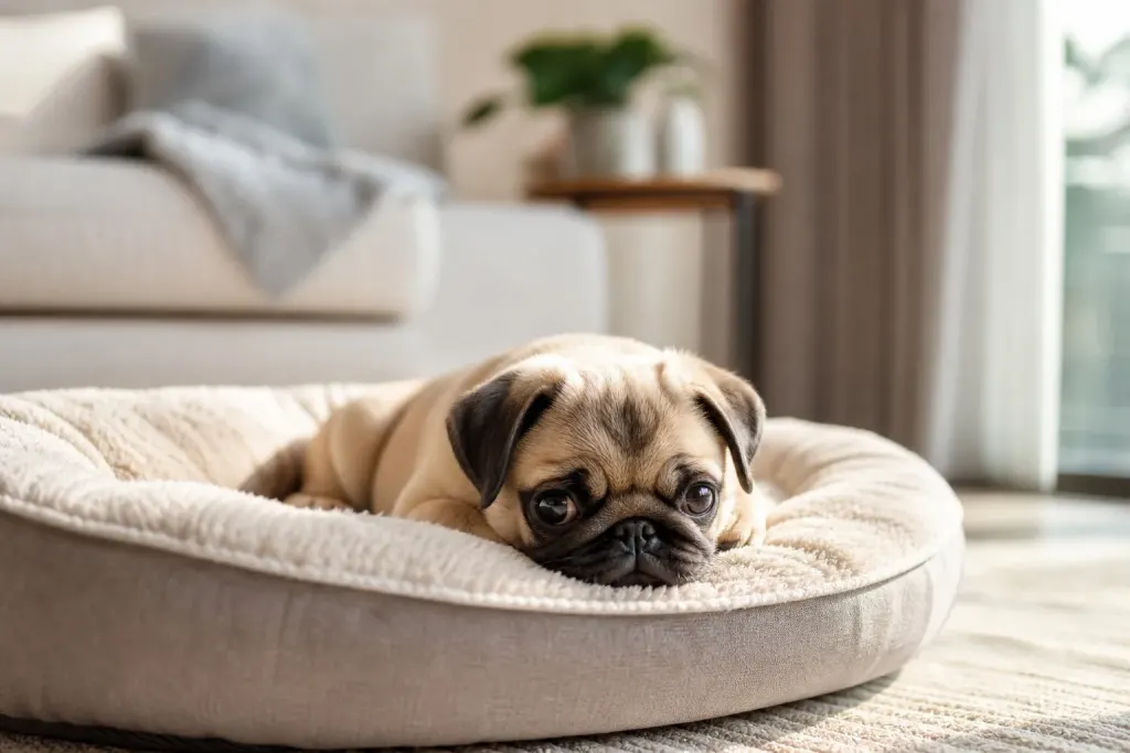 A Pug relaxing indoors on a comfortable bed in a climate-controlled room.