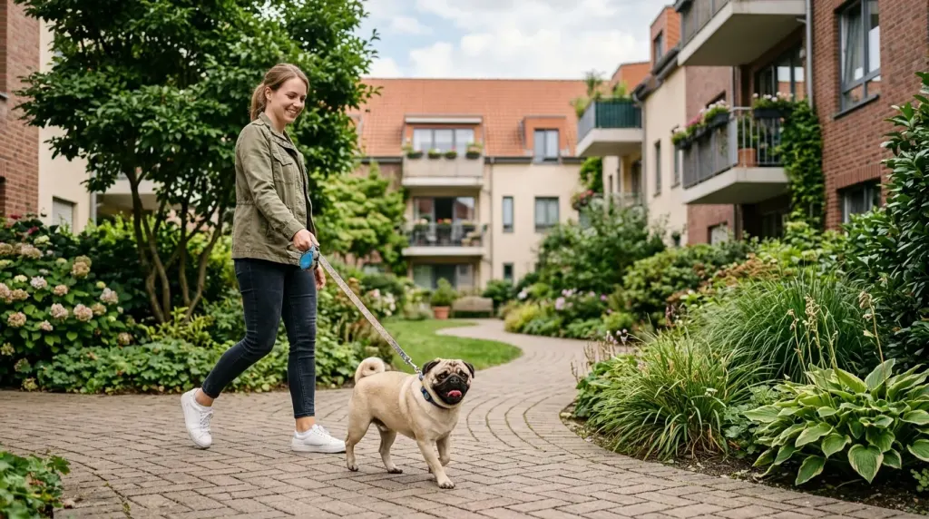 A Pug being walked on a leash near an apartment building courtyard.