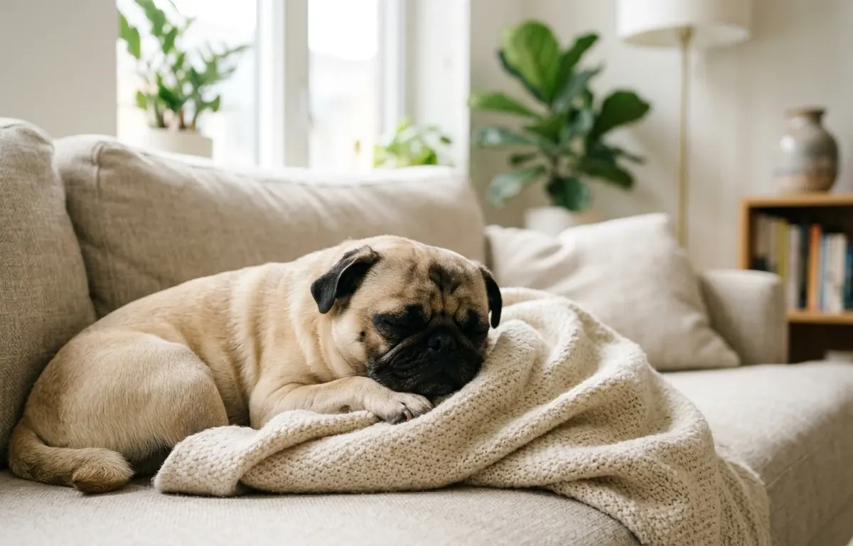 A fawn Pug dog sitting comfortably on a rug in a bright modern living room