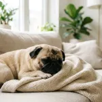 A fawn Pug dog sitting comfortably on a rug in a bright modern living room