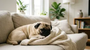 A fawn Pug dog sitting comfortably on a rug in a bright modern living room
