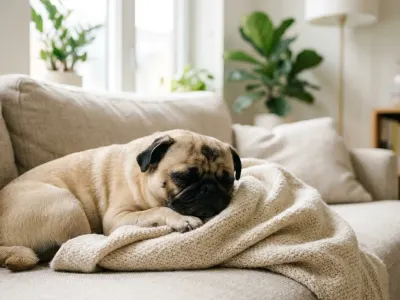 A fawn Pug dog sitting comfortably on a rug in a bright modern living room