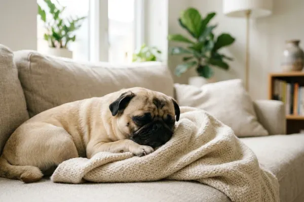 A fawn Pug dog sitting comfortably on a rug in a bright modern living room