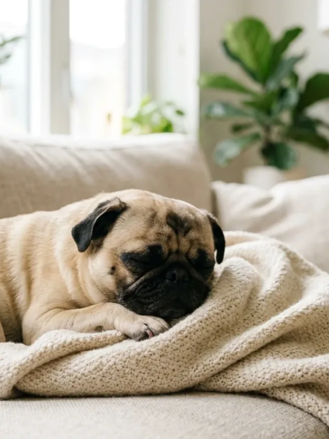 A fawn Pug dog sitting comfortably on a rug in a bright modern living room