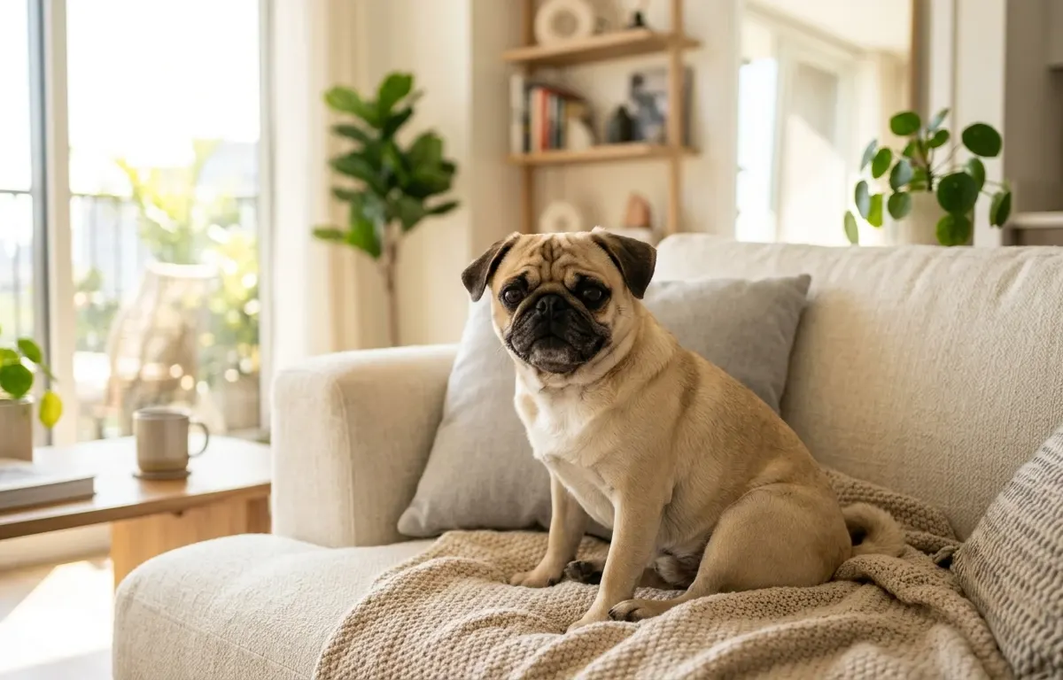 A fawn Pug dog resting calmly on a living room couch in a modern apartment.