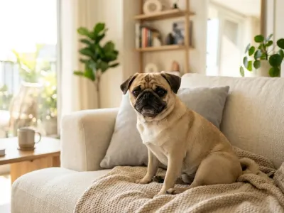 A fawn Pug dog resting calmly on a living room couch in a modern apartment.