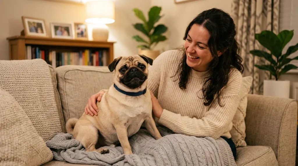 An affectionate fawn Pug dog relaxing next to its owner on a sofa indoors.