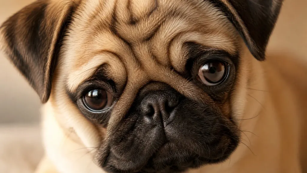 Detailed close-up view of a Pug dog's wrinkled face and dark eyes.