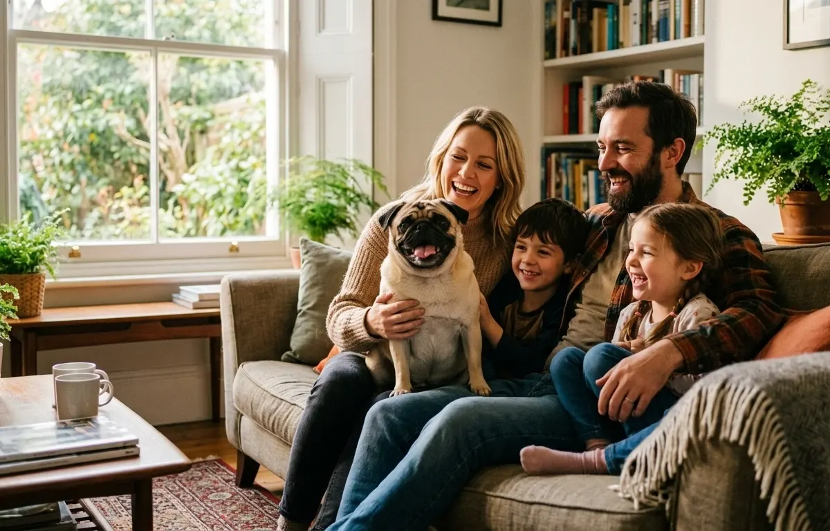 A joyful Pug sitting with a smiling family in a cozy living room.