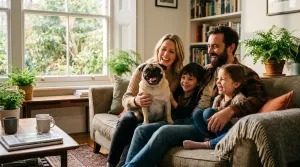 A fawn Pug dog resting comfortably in a bright family living room.
