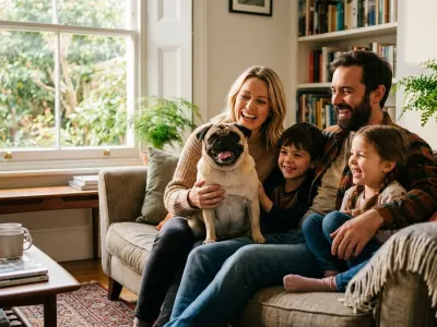 A joyful Pug sitting with a smiling family in a cozy living room.
