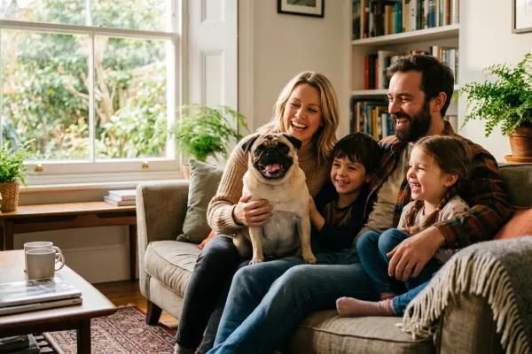 A fawn Pug dog resting comfortably in a bright family living room.