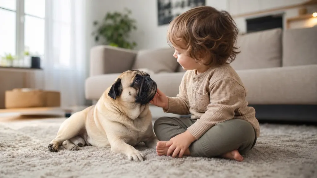 A gentle Pug dog playing safely with a child indoors.