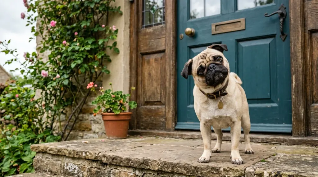 An alert Pug standing near a front door acting as a watchdog.