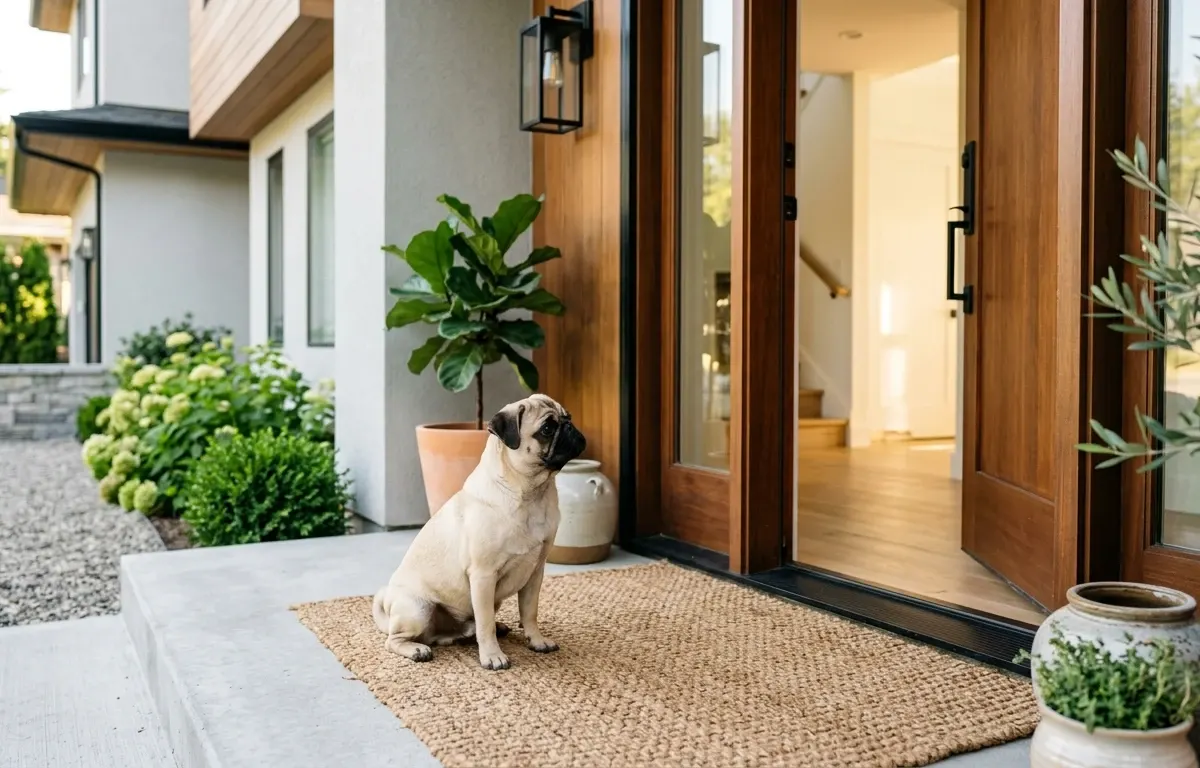 A fawn Pug sitting attentively near a home entryway as an alert watchdog.