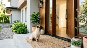A fawn Pug sitting attentively near a home entryway as an alert watchdog.