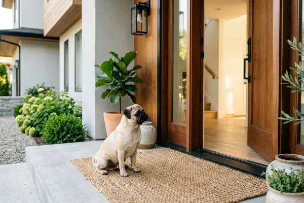 A fawn Pug sitting attentively near a home entryway as an alert watchdog.