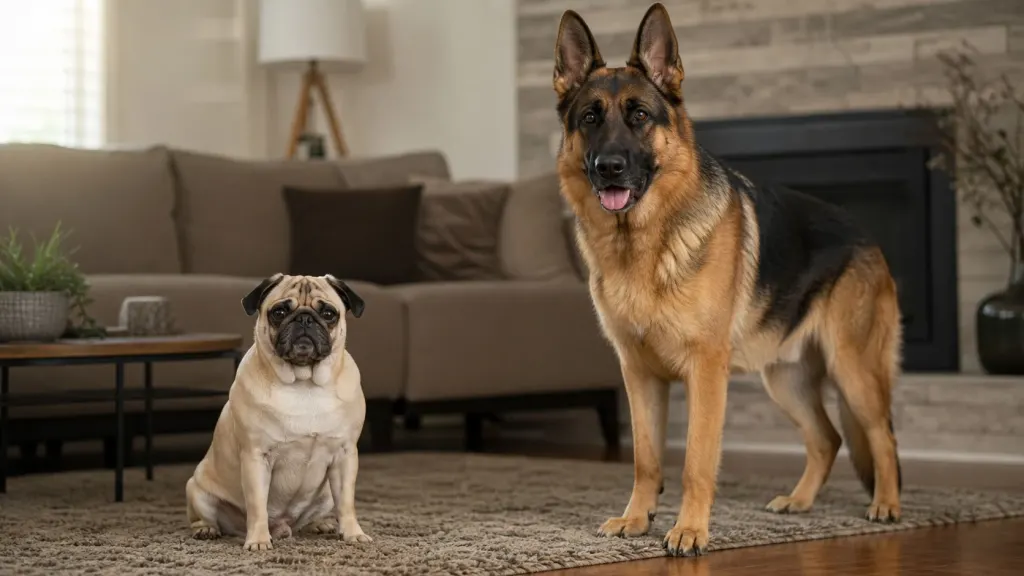 A friendly Pug resting with family members in a warm home environment.