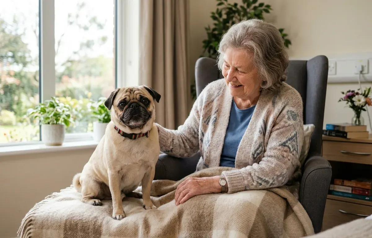 A calm Pug sitting beside a patient during a therapy visit in a healthcare setting.