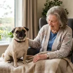 A calm Pug sitting beside a patient during a therapy visit in a healthcare setting.