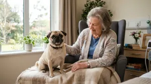 A calm Pug sitting beside a patient during a therapy visit in a healthcare setting.