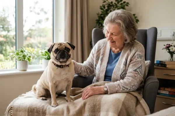 A calm Pug sitting beside a patient during a therapy visit in a healthcare setting.