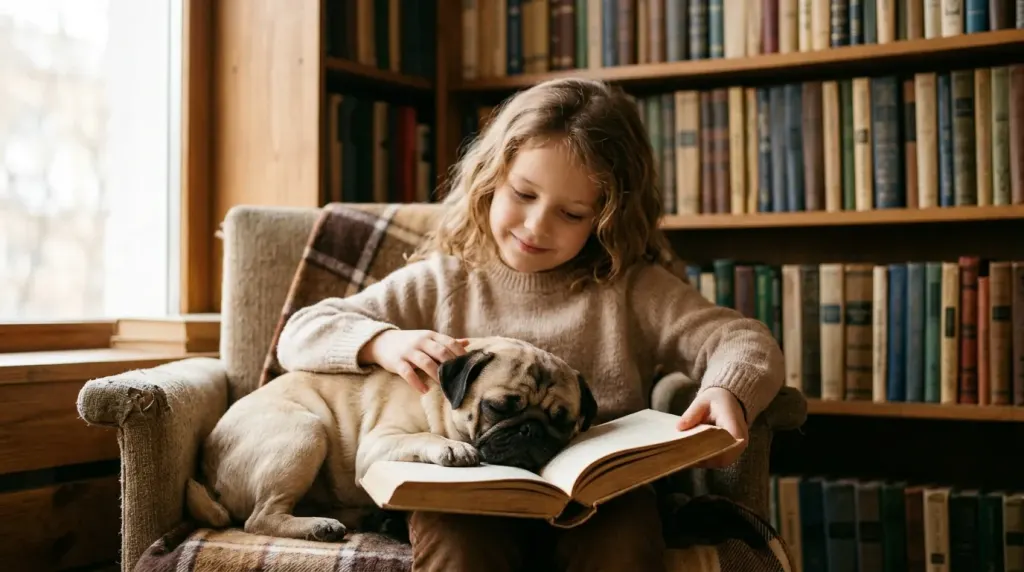 A Pug resting its head on a child's lap during a reading therapy session.
