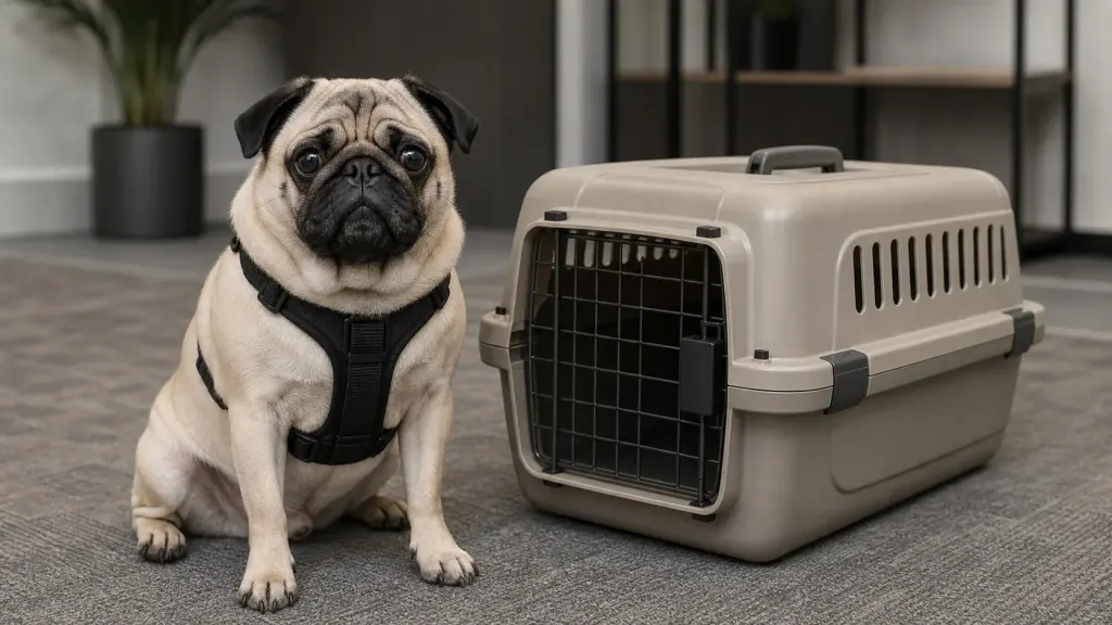 A therapy Pug wearing a harness, prepared for comfortable travel and visits.