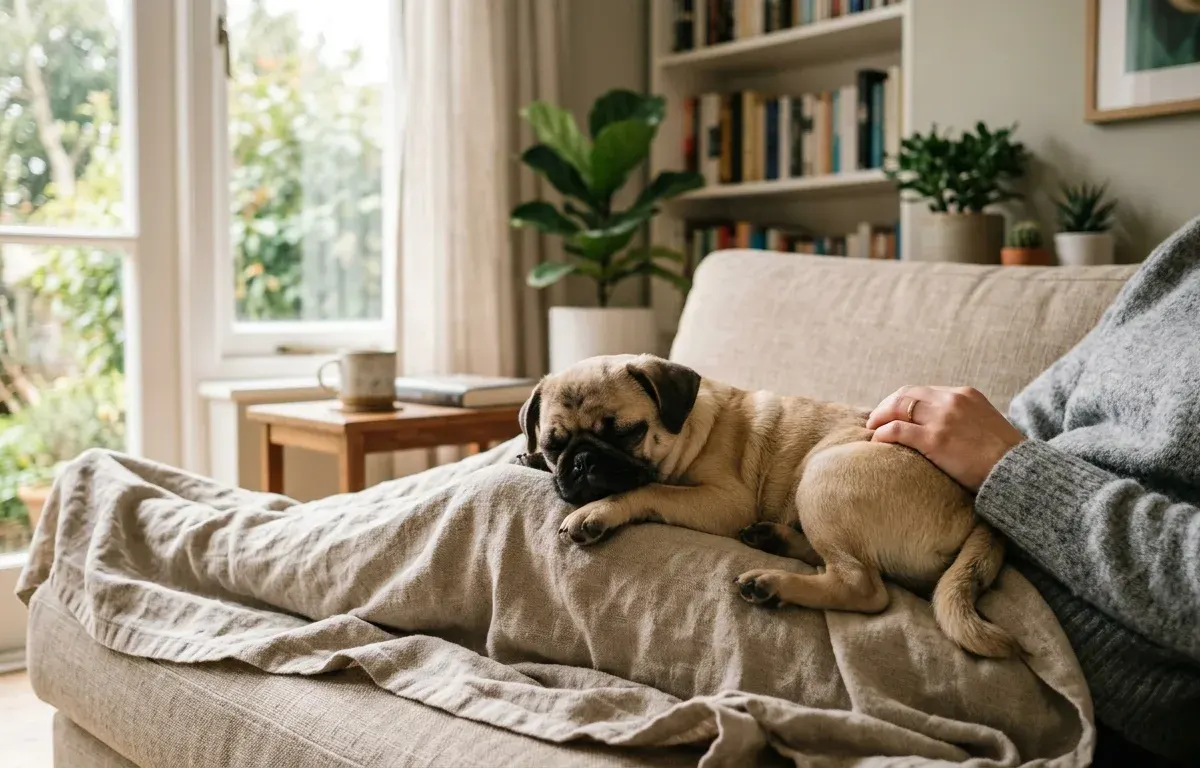 Fawn Pug resting comfortably on an owner's lap in a bright living room