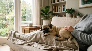 Fawn Pug resting comfortably on an owner's lap in a bright living room