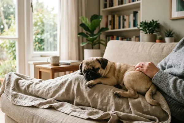 Fawn Pug resting comfortably on an owner's lap in a bright living room