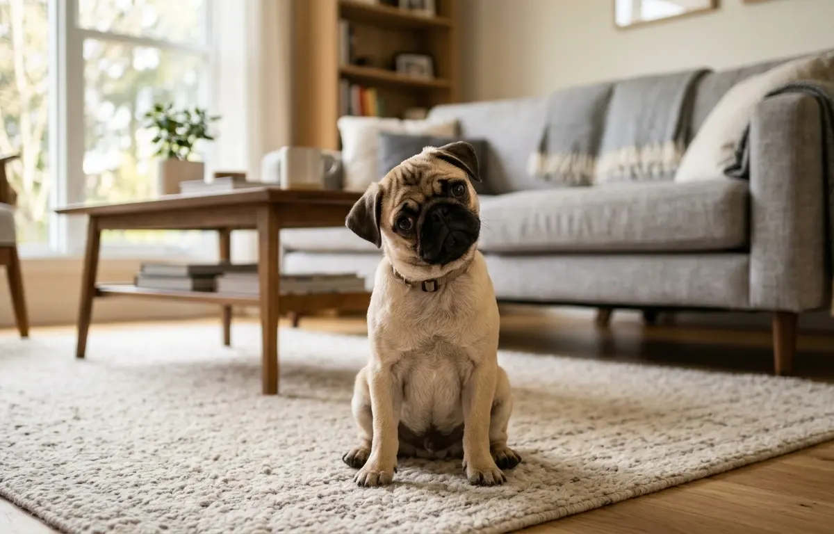 Attentive pug sitting indoors near a window demonstrating intelligence and focus