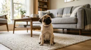 Attentive pug sitting indoors near a window demonstrating intelligence and focus