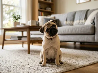 Attentive pug sitting indoors near a window demonstrating intelligence and focus