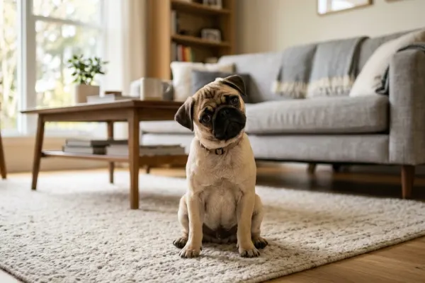 Attentive pug sitting indoors near a window demonstrating intelligence and focus