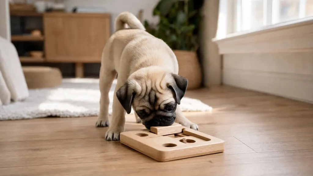 Pug attempting to solve an interactive puzzle toy at home