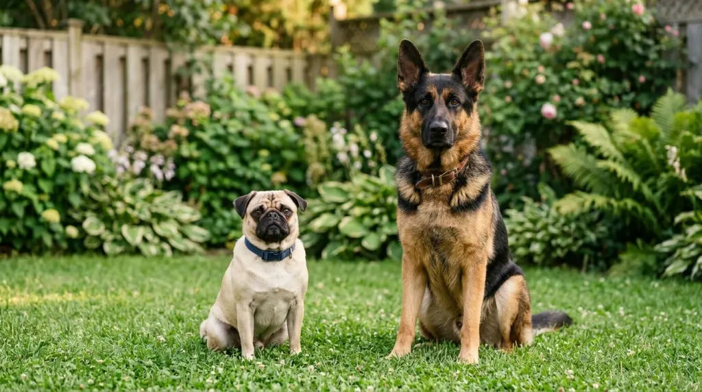 Pug performing a sitting command during a home training session
