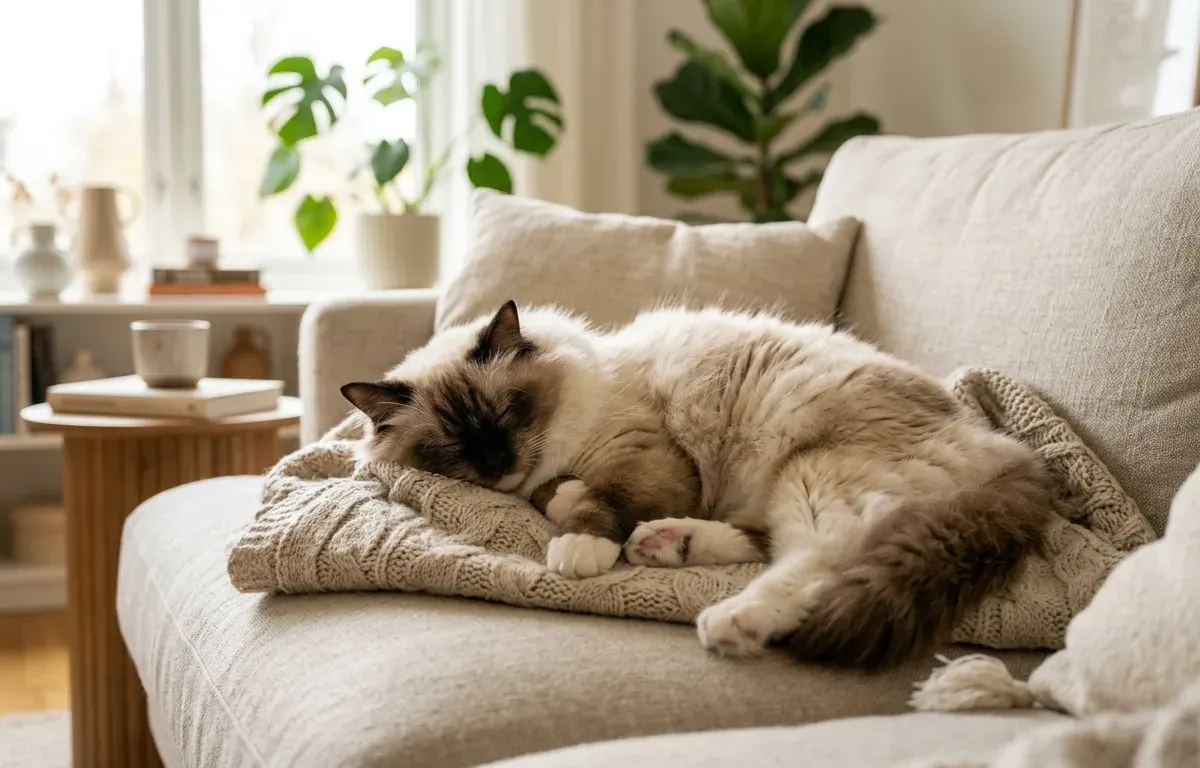 A peaceful seal point Ragdoll cat relaxing on a living room sofa, demonstrating the breed's gentle and friendly temperament.
