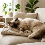A peaceful seal point Ragdoll cat relaxing on a living room sofa, demonstrating the breed's gentle and friendly temperament.