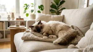 A peaceful seal point Ragdoll cat relaxing on a living room sofa, demonstrating the breed's gentle and friendly temperament.