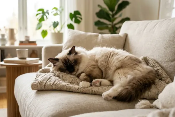 A peaceful seal point Ragdoll cat relaxing on a living room sofa, demonstrating the breed's gentle and friendly temperament.