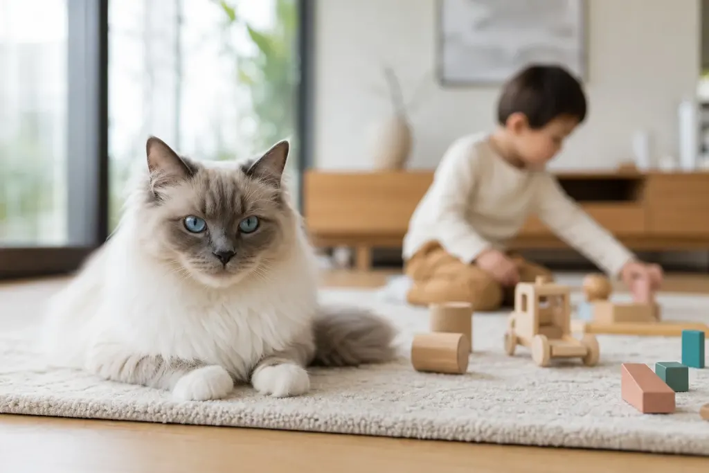 A friendly Ragdoll cat comfortably resting near a child in a family home setting.