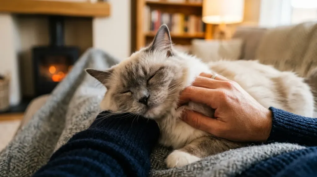 An affectionate Ragdoll cat cuddled on its owner's lap enjoying gentle petting.
