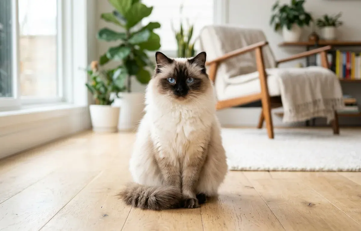 A seal point Ragdoll cat sitting on a hardwood floor in a sunny room