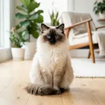 A seal point Ragdoll cat sitting on a hardwood floor in a sunny room