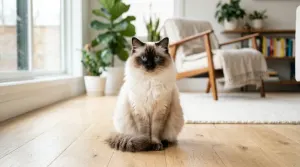 A seal point Ragdoll cat sitting on a hardwood floor in a sunny room