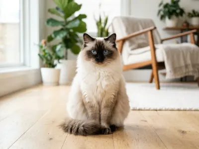 A seal point Ragdoll cat sitting on a hardwood floor in a sunny room