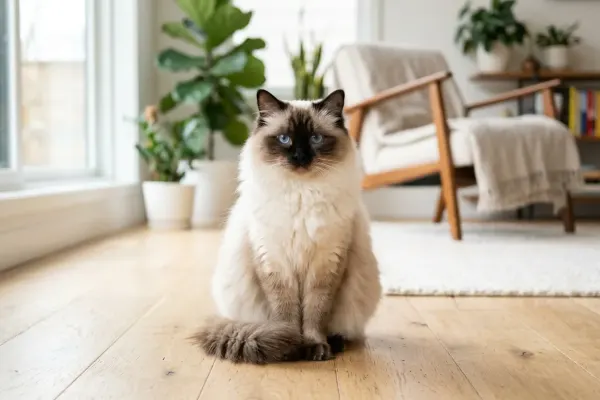 A seal point Ragdoll cat sitting on a hardwood floor in a sunny room