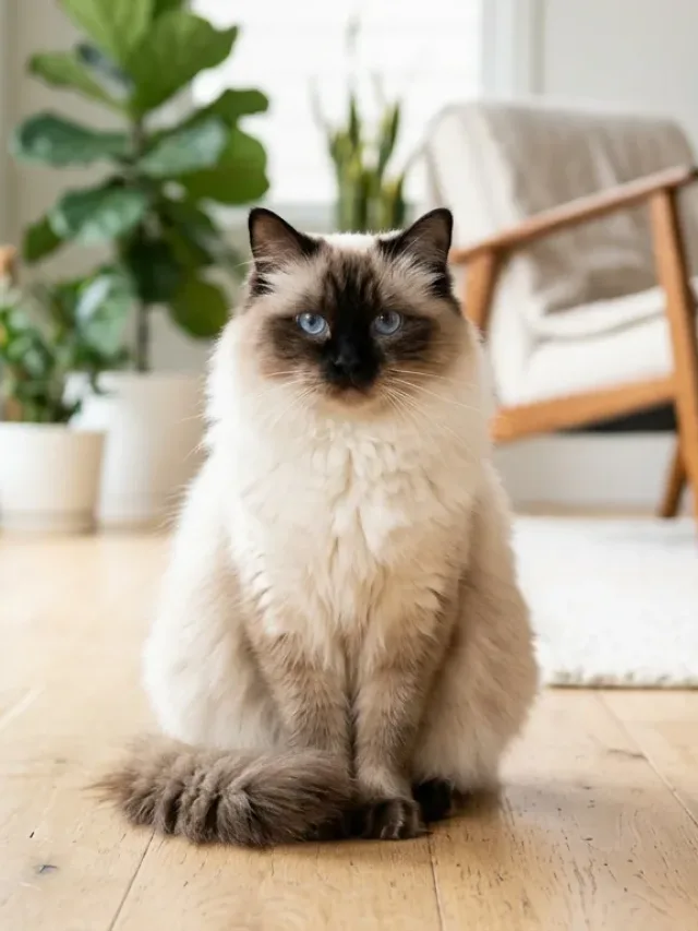 A seal point Ragdoll cat sitting on a hardwood floor in a sunny room